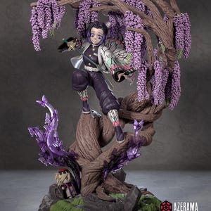 May include: A detailed figurine of an anime character in a dynamic pose, standing on a tree branch with purple wisteria flowers. The character wears a purple and white outfit and holds a sword. A smaller figure is at the base of the tree.