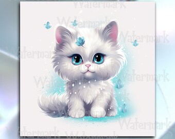 White fluffy kitten with blue eyes, digital printable downloadable art, sublimation art