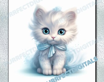 White fluffy kitten with blue eyes, digital printable downloadable art, sublimation art