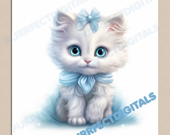 White fluffy kitten with blue eyes, digital printable downloadable art, sublimation art