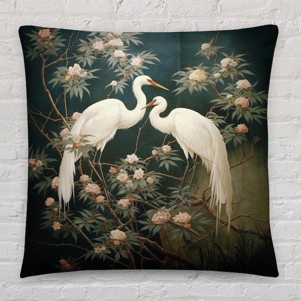 Crane pillow-bird throw pillow-egret pillow-heron pillow-minimalistic home decor, green and white chinoiserie pillow, asian styled pillow