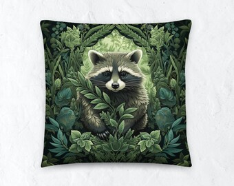 Raccoon Pillow - William Morris Floral Design, Cottagecore Forestcore Decor, Cute Raccoon Throw Pillowcase for Home, Nature-Inspired Accent