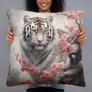 White Tiger Throw Pillow, Tigers pillows, cat pillow, cat cushion, cherry blossom pillow cover, accent pillows, chinese pillow case