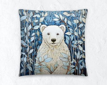 Cute Polar Bear Throw Pillow | Forestcore Cottagecore Animal Lover Cushion | Cozy Home Decor Gift for Her | 18x18, 22x22 | Christmas Gift