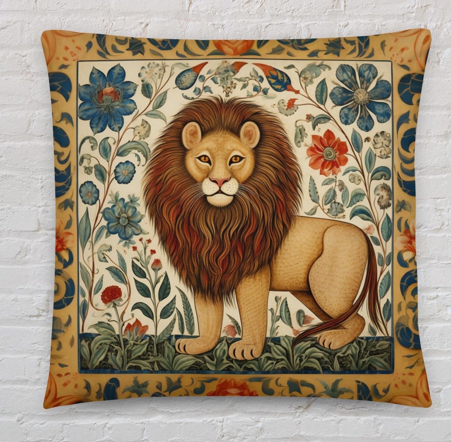Vintage Lion Tapestry Pillow | French Classical Decor Accent | European Art Cushion | Elegant Regal Home Decor | Antique Motif Classy Gifts
