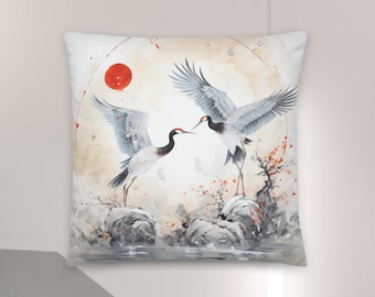 Chinoiserie Crane Pillow | Feng Shui Decor for Peace & Prosperity | Zen Meditation Cushion | Elegant Asian Art Pillow | Relaxation Gift Cute