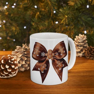 Holiday Gingerbread Ribbon Ceramic Mug, Festive Christmas Coffee Cup, Holiday Season Gift, Gingerbread Tea Mug, Christmas Decor Gift