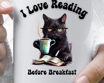 Black Cat Reading Mug: Coffee Lover Gift