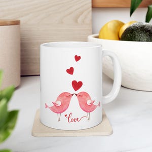 Kissing Birds In Love Valentine Mug, Romantic Gift, Valentine&#39;s Day Gift, Heart Design, Anniversary Present, Valentines Day, Valentine Birds