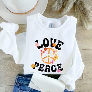 Love Peace Zeichen Blumen Sweatshirt, Flower Power Pullover, Spaß Unisex Shirt, Hippie Sweatshirt, Oversized Love Peace Flower Sweatshirt