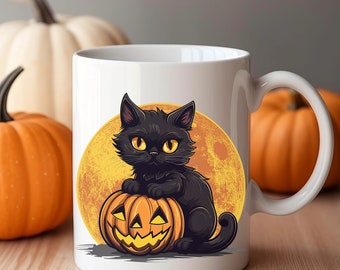 Black Cat Halloween Pumpkin Mug: Ceramic Coffee Mug