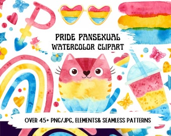 May include: Watercolor clipart featuring pansexual pride symbols, including a rainbow, hearts, butterflies, and a cat. The image includes the text "Pride Pansexual Watercolor Clipart" and "Over 45+ PNG/JPG, Elements & Seamless Patterns."