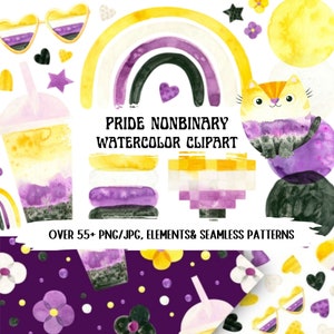 May include: A watercolour clipart set featuring non-binary pride symbols. Includes a rainbow, cat, and other elements in the non-binary flag colours: yellow, white, purple, and black. Text reads "Pride Nonbinary Watercolor Clipart".