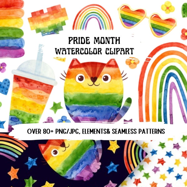 80+ Pride Month Watercolor Clipart Bundle Seamless Pattern LGBTQ Instant Download Art Sticker Pin Poster Invite Rainbow Gay Pride JPG PNG