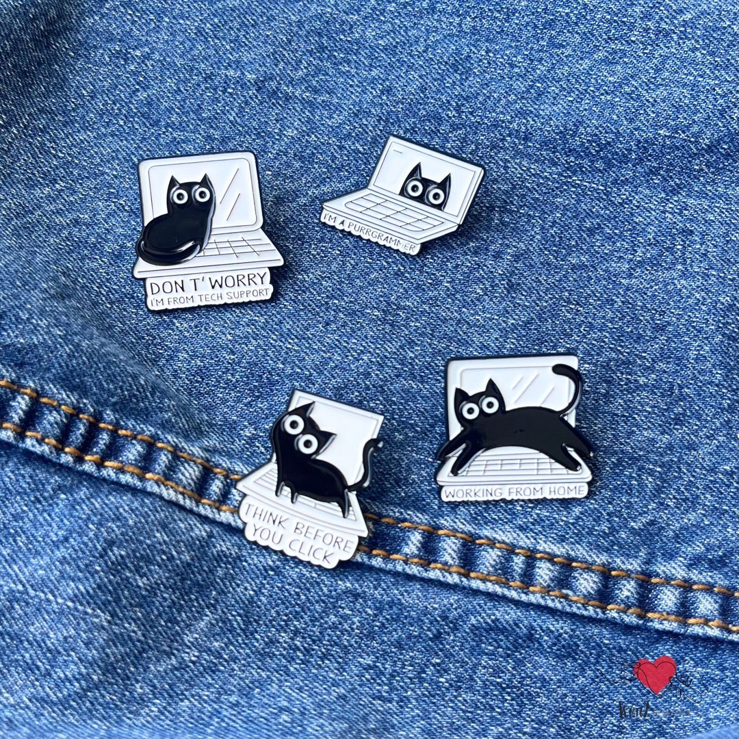 Computer Geek Black Cat Enamel Pin Brooch for Cat Mom Gift Cat Dad Work ...
