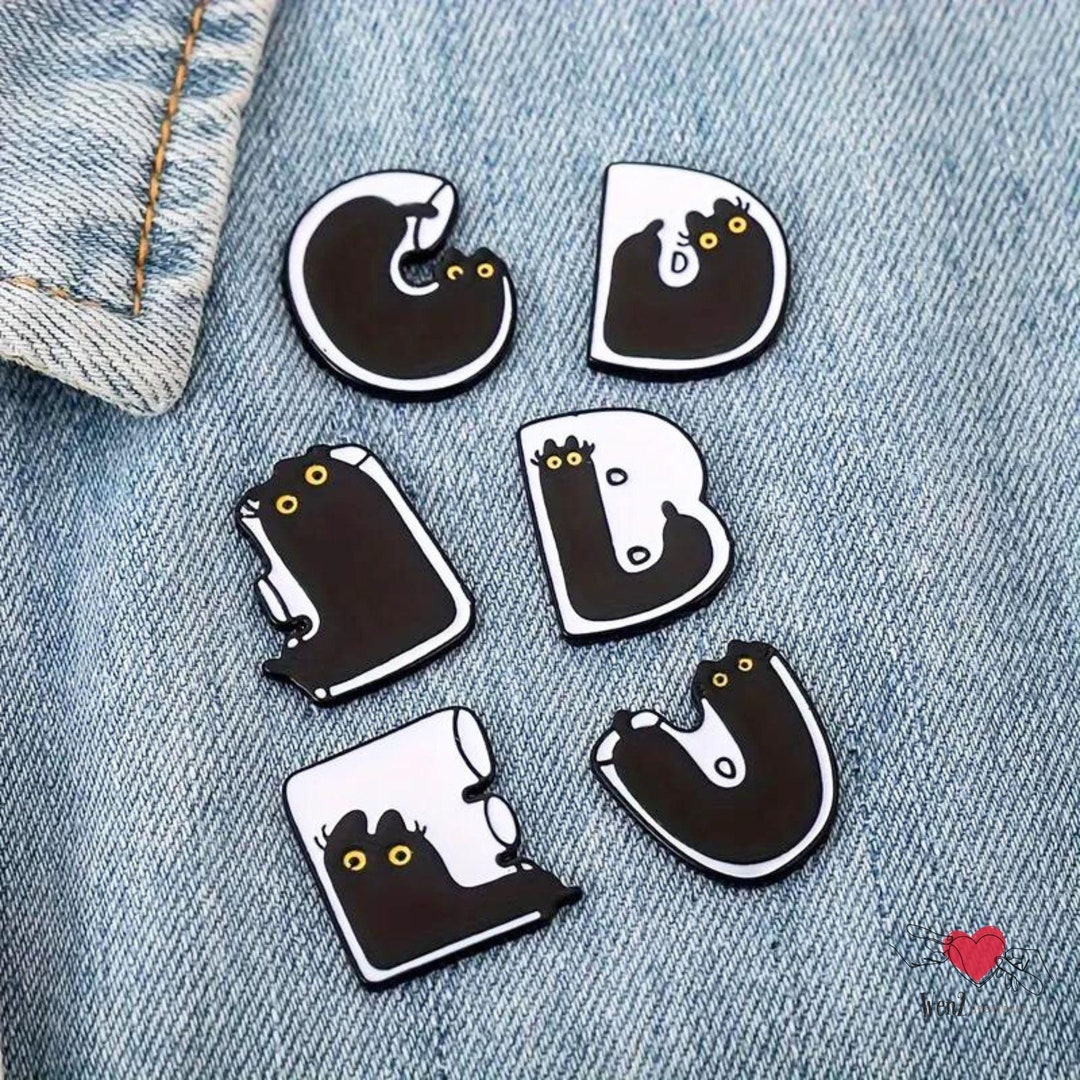 Kawaii Liquid Black Cat Lapel Pin Alphabet Initial Gift for Cat Mom Cat ...