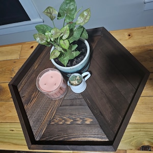 Modern Rustic Solid wood Dark walnut stained cedar hexagon ottoman tray, serving tray,  platter