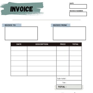 May include: A blank invoice template with fields for invoice to, invoice from, date, invoice number, description, price, total, sub-total, tax, notes, and signature. The template has a blue and gray watercolor background.