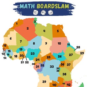 May include: A colorful map of Africa with each country numbered. The title "MATH BOARDSLAM" is at the top, along with dice illustrations. The map is divided into various countries, each with a unique color and number.
