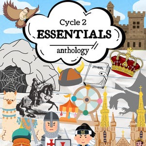 May include: A colorful illustration with the text "Cycle 2 Essentials anthology." The image features various historical and fantasy elements, including a knight, a samurai, a crown, a journal, and a carousel. A blank space is available for a name.