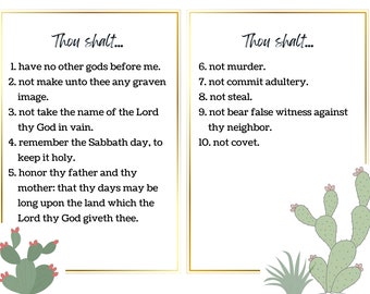May include: A printable poster with a white background and gold border. The poster features the Ten Commandments written in black text with a cactus illustration on the right side.
