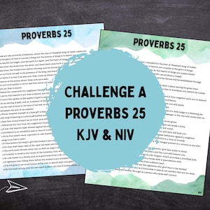 May include: Two printed sheets featuring Proverbs 25 text in KJV and NIV versions, with watercolor accents in blue and green. A large central light blue circle obscures the middle, displaying the text: CHALLENGE A PROVERBS 25 KJV & NIV.
