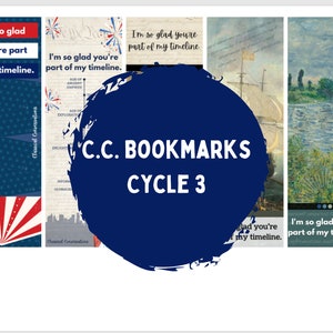 May include: Four bookmarks with a blue circle in the center that says "C.C. BOOKMARKS CYCLE 3". The bookmarks feature different images, including a red, white, and blue star pattern, a cityscape, a ship, and a painting of a river.