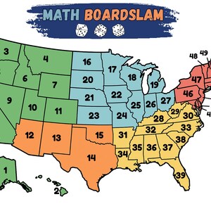 May include: A colorful map of the United States, divided into numbered regions. The text "MATH BOARDSLAM" is displayed at the top. The map is segmented into different colors, with numbers indicating each state or region.