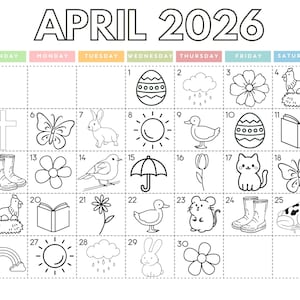 May include: Black and white April 2026 calendar with illustrations for each day. Includes images of an egg, cloud, flower, hen, cross, butterfly, rabbit, sun, duck, book, boots, bird, umbrella, tulip, cat, frog, rainbow, and mouse.