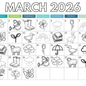 May include: Black and white illustrated calendar page for March 2026. Each day features a different spring-themed drawing, including flowers, animals, and weather icons. The word "MARCH" and the year "2026" are at the top.
