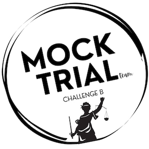 以下が含まれることがあります： 正義の天秤を持っている人の白黒のイラスト。イラストの周りに円形で「MOCK TRIAL team CHALLENGE B」というテキストが書かれています。