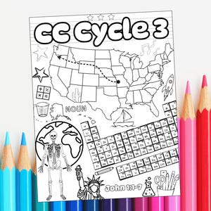 May include: A black and white educational coloring page titled CC Cycle 3 featuring a map of the United States, a periodic table, a human skeleton, the Statue of Liberty, a rocket, a sailboat, a cactus, and the text John 1:1-7 and NOUN.