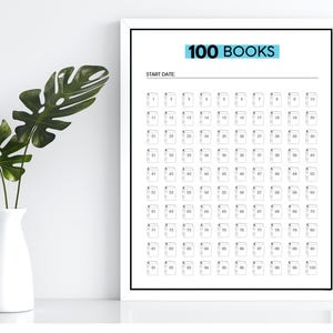 May include: A white framed wall art print featuring a reading tracker with the text 100 BOOKS at the top and a grid of 100 small book icons numbered 1 through 100, with a line for a start date below the title, presented in a clean black and white design.