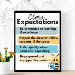 Może przedstawiać: Oprawiony plakat z napisem "Class Expectations" czarnym pismem. Plakat wymienia oczekiwania dotyczące nauki, szacunku, słuchania i przygotowania. Kreskówka pszczoła trzymająca książkę znajduje się w prawym dolnym rogu.