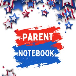 May include: A red and blue parent notebook with the words "PARENT NOTEBOOK" in white text. The notebook is decorated with red, white, and blue stars. The text "CYCLE 3 2023-2024" is in a red banner at the bottom of the image.