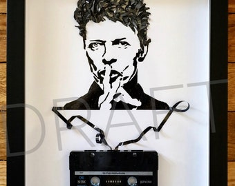 Cassette Tape Portrait of David Bowie, Framed Original Artwork made entirely from cassette tape, music art