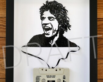 Cassette Tape Portrait of Mick Jagger, Framed Original Artwork made entirely from cassette tape, music art