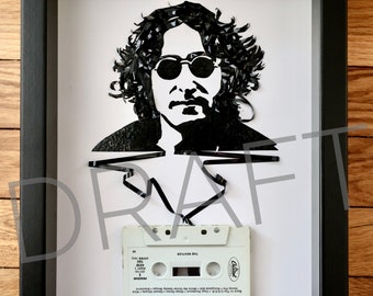 Cassette Tape Portrait of John Lennon, Framed Original Artwork made entirely from cassette tape, music art