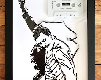 Cassette Tape Portrait of Freddie Mercury from Queen, Framed Original Artwork made entirely from cassette tape, music art