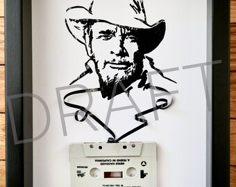 Cassette Tape Portrait of Merle Haggard, Framed Original Artwork made entirely from cassette tape, music art