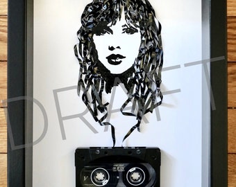 Cassette Tape Portrait of Taylor Swift, Framed Original Artwork made entirely from cassette tape, music art