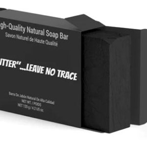 May include: A black bar of soap in a black box with the text "High-Quality Natural Soap Bar" and "Savon Naturel de Haute Qualité". The box also has the text "'CRITTER'...LEAVE NO TRACE" and "Bama De Jabón Natural De Alta Calidad". The soap bar is 120 grams or 4.2 US ounces.