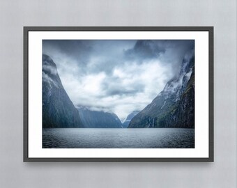 Milford Sound Print – New Zealand Fiordland Seascape, Coastal Photography