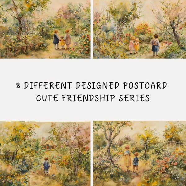 8  Different designs vintage postcards 6"x4" (14.8 cm x 10.5 cm)With Cute Friendship series, in watercolor style