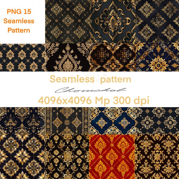 Seamless Pattern 15 PNG Thai-inspired luxury textiles,Gold-infused fabric.