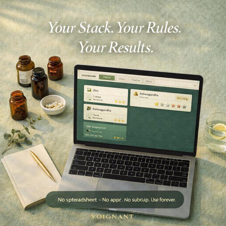 May include: A laptop displaying a health dashboard with supplement information, surrounded by small amber glass jars, a bowl of pills, a notebook, and a pen. The text reads "Your Stack. Your Rules. Your Results."