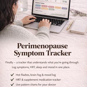 Seguimiento interactivo de síntomas de la perimenopausia / Funciona como una app — Sin suscripción / Diario de terapia de reemplazo hormonal (TRH) para sofocos, estado de ánimo y sueño (descarga digital)
