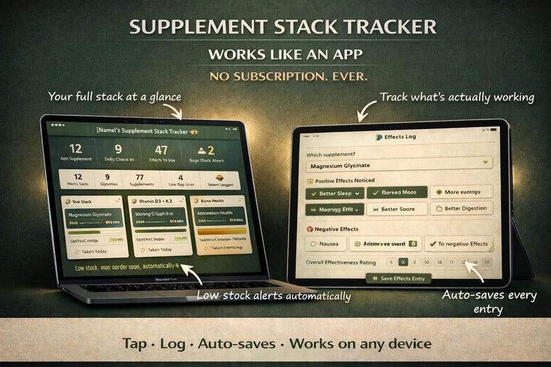 Interactive Supplement Stack Tracker | Works Like an App — No Subscription | Vitamin Log, Effects Journal, Restock Alerts (Digital Download) image 2