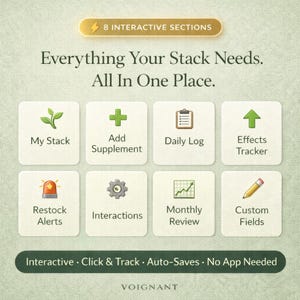 May include: An image with the text "Everything Your Stack Needs. All In One Place." and eight interactive sections. Each section has a title and icon, including "My Stack," "Add Supplement," "Daily Log," and "Effects Tracker."