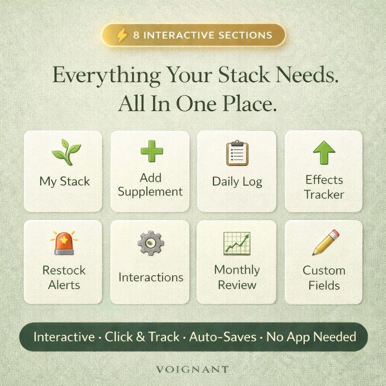 May include: An image with the text "Everything Your Stack Needs. All In One Place." and eight interactive sections. Each section has a title and icon, including "My Stack," "Add Supplement," "Daily Log," and "Effects Tracker."